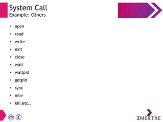 System Call
Example: Others
●
open
●
read
● write
● exit
●
close
●
wait
●
waitpid
● getpid
● sync
●
nice
●
kill etc..
 