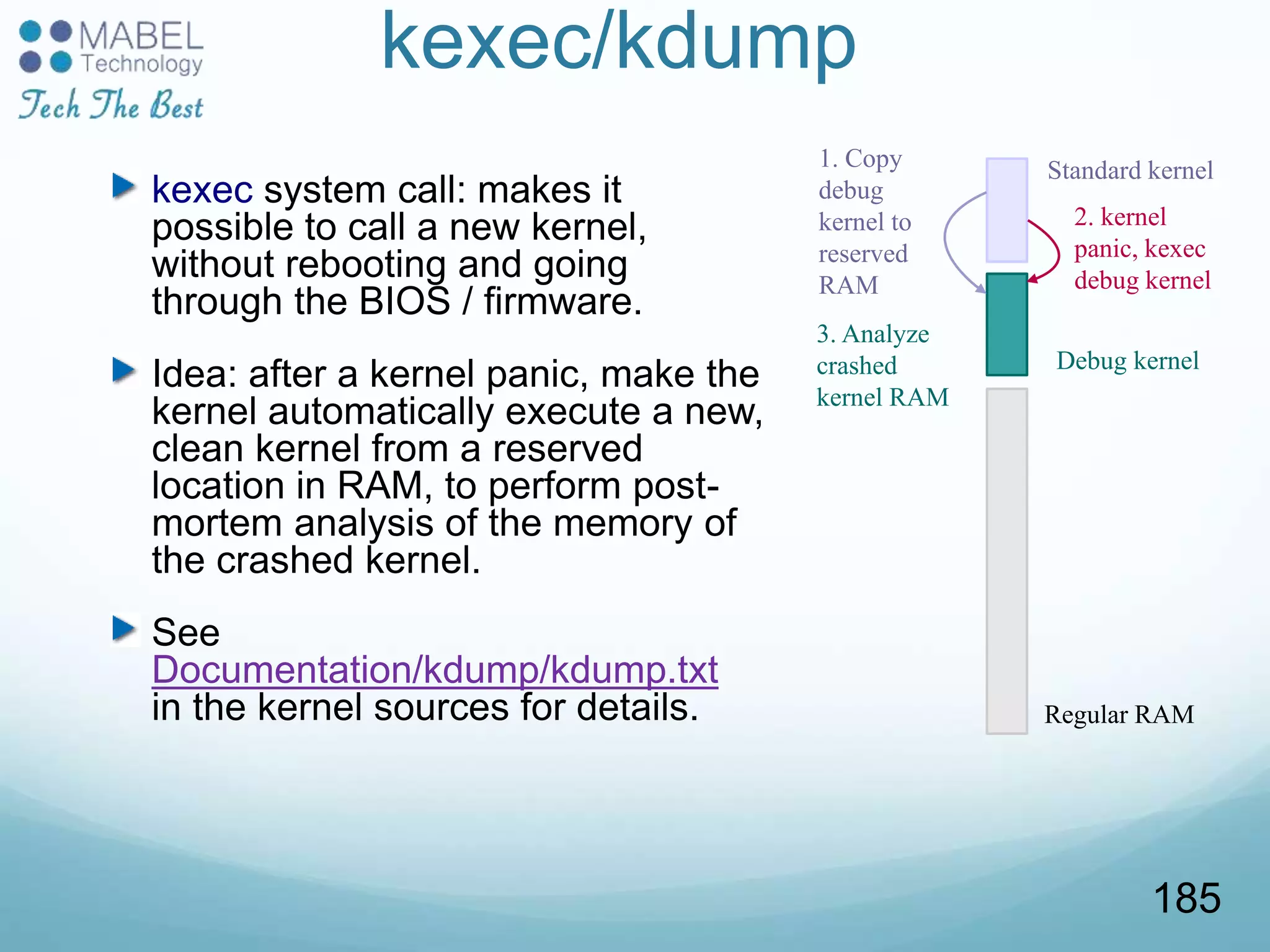 kexec/kdump
kexec system call: makes it
possible to call a new kernel,
without rebooting and going
through the BIOS / firmware.
Idea: after a kernel panic, make the
kernel automatically execute a new,
clean kernel from a reserved
location in RAM, to perform post-
mortem analysis of the memory of
the crashed kernel.
See
Documentation/kdump/kdump.txt
in the kernel sources for details.
1. Copy
debug
kernel to
reserved
RAM
Standard kernel
2. kernel
panic, kexec
debug kernel
3. Analyze
crashed
kernel RAM
Regular RAM
Debug kernel
185
 