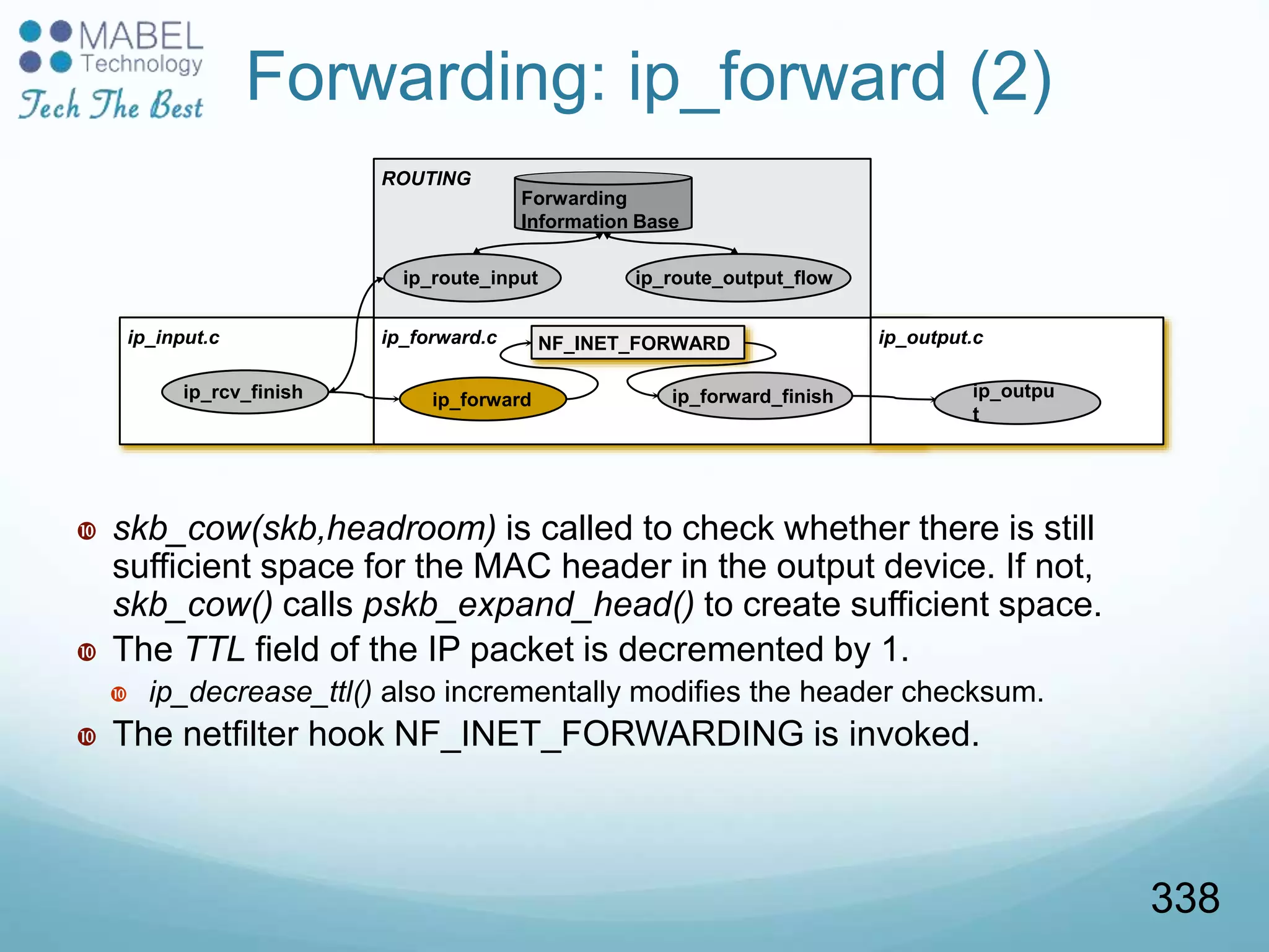 ip_input.c ip_forward.c
ip_rcv_finish ip_forward ip_forward_finish
NF_INET_FORWARD ip_output.c
ROUTING
Forwarding
Information Base
ip_route_input
Forwarding: ip_forward (2)
 skb_cow(skb,headroom) is called to check whether there is still
sufficient space for the MAC header in the output device. If not,
skb_cow() calls pskb_expand_head() to create sufficient space.
 The TTL field of the IP packet is decremented by 1.
 ip_decrease_ttl() also incrementally modifies the header checksum.
 The netfilter hook NF_INET_FORWARDING is invoked.
ip_outpu
t
ip_route_output_flow
338
 