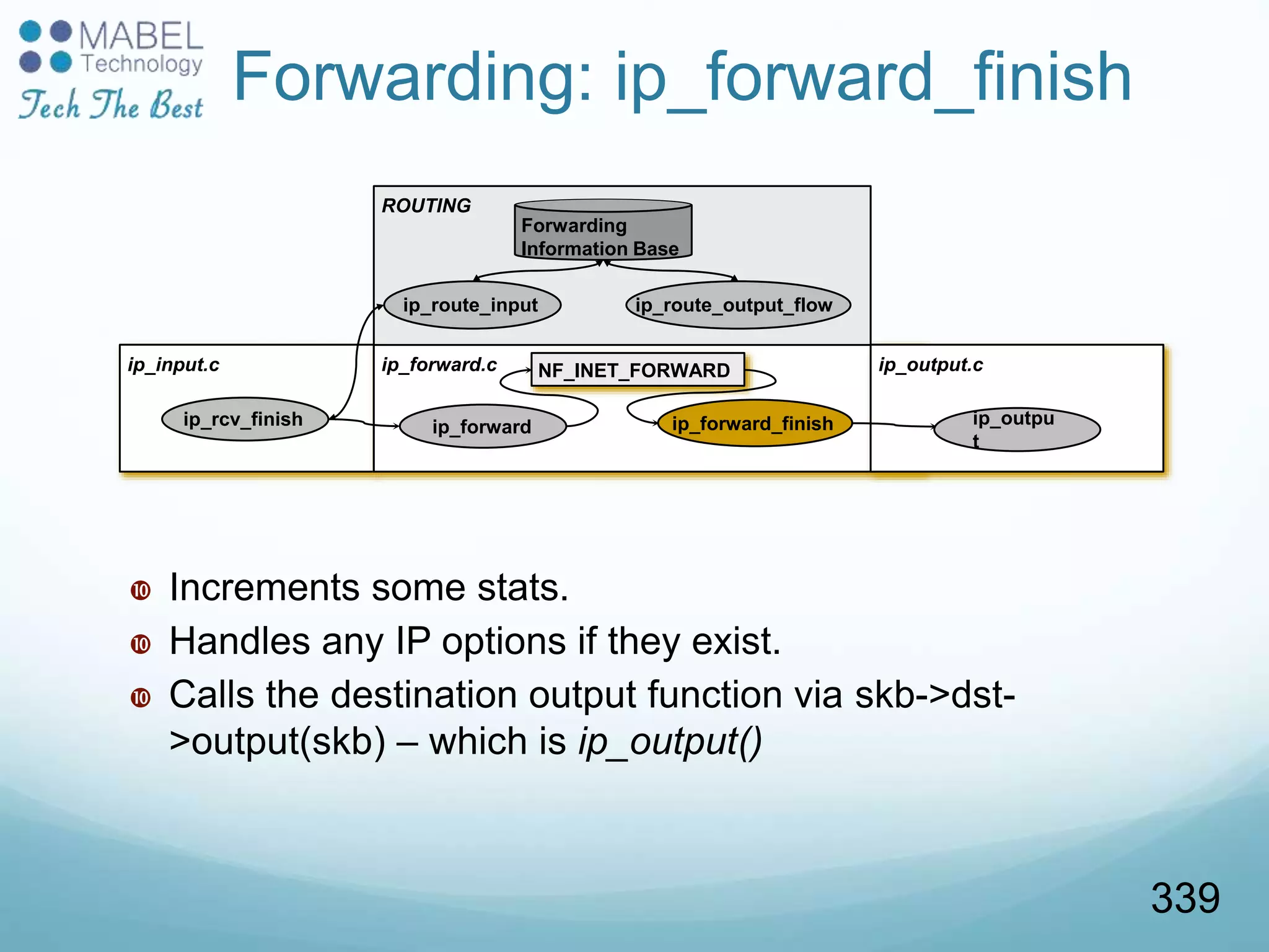 ip_input.c ip_forward.c
ip_rcv_finish ip_forward ip_forward_finish
NF_INET_FORWARD ip_output.c
ROUTING
Forwarding
Information Base
ip_route_input
Forwarding: ip_forward_finish
 Increments some stats.
 Handles any IP options if they exist.
 Calls the destination output function via skb->dst-
>output(skb) – which is ip_output()
ip_outpu
t
ip_route_output_flow
339
 