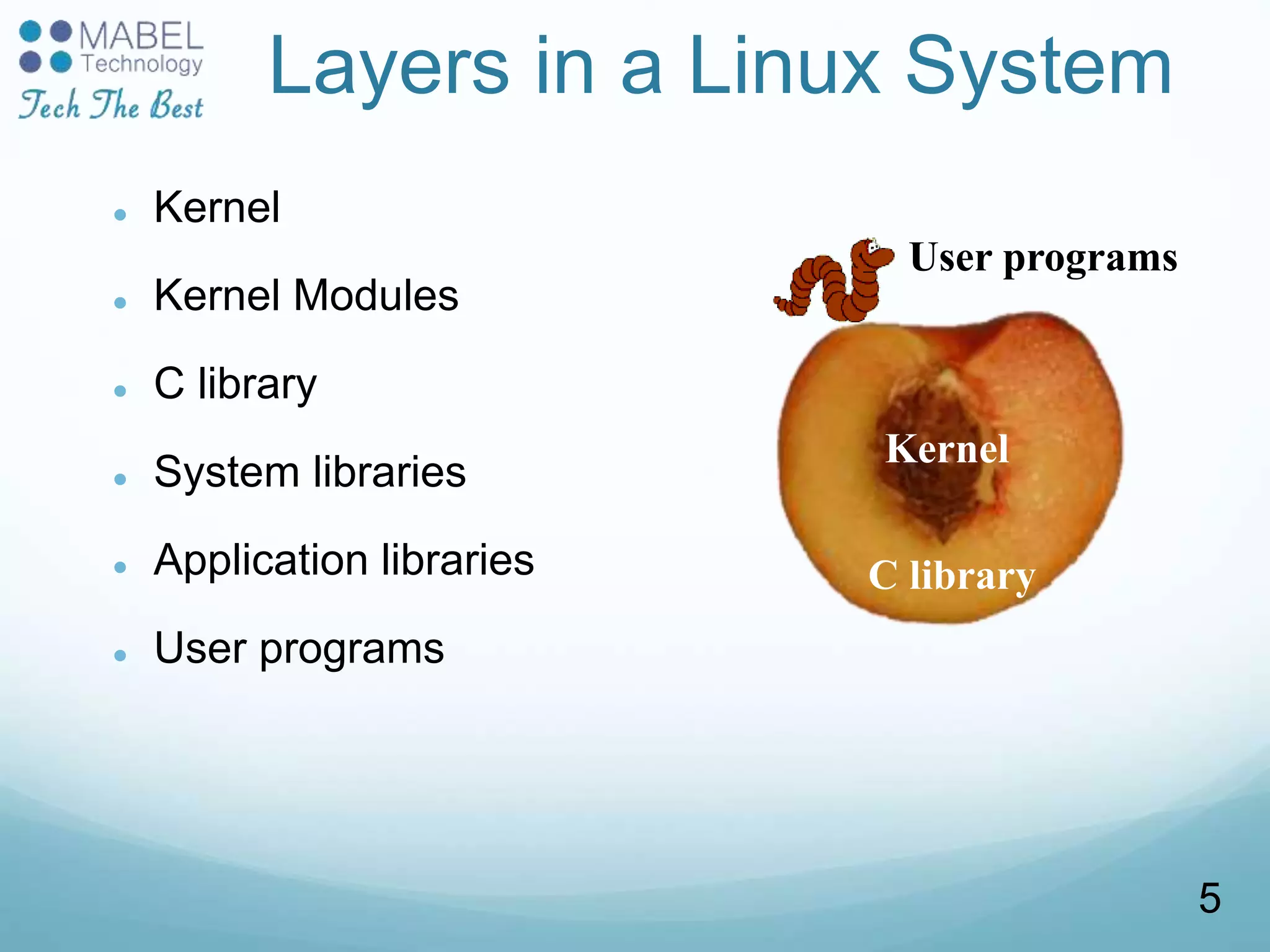 Layers in a Linux System
 Kernel
 Kernel Modules
 C library
 System libraries
 Application libraries
 User programs
Kernel
C library
User programs
5
 