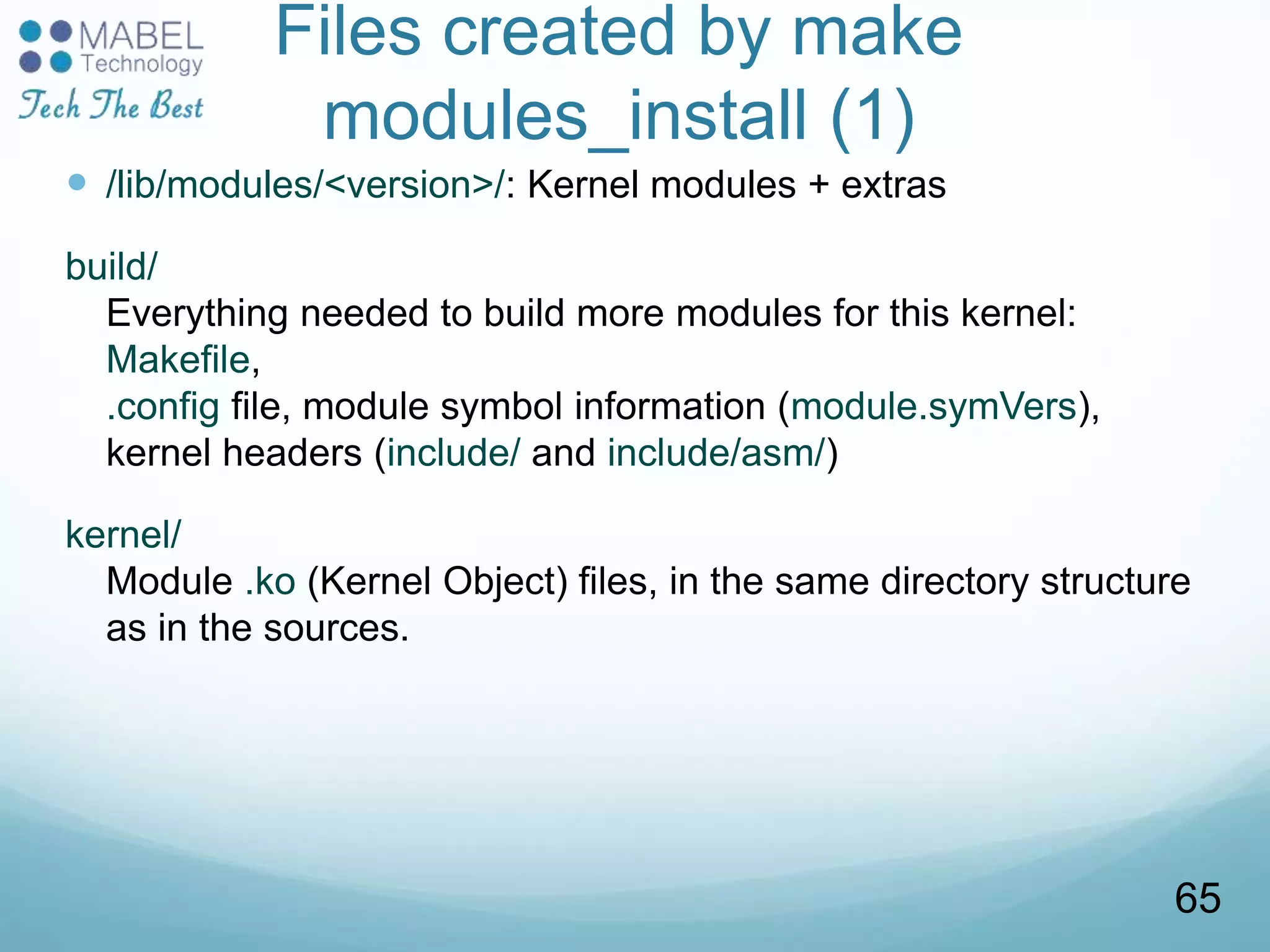 Files created by make
modules_install (1)
 /lib/modules/<version>/: Kernel modules + extras
build/
Everything needed to build more modules for this kernel:
Makefile,
.config file, module symbol information (module.symVers),
kernel headers (include/ and include/asm/)
kernel/
Module .ko (Kernel Object) files, in the same directory structure
as in the sources.
65
 