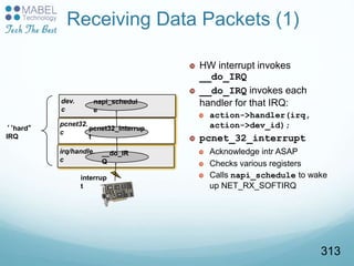irq/handle.
c
Receiving Data Packets (1)
 HW interrupt invokes
__do_IRQ
 __do_IRQ invokes each
handler for that IRQ:
 action->handler(irq,
action->dev_id);
 pcnet_32_interrupt
 Acknowledge intr ASAP
 Checks various registers
 Calls napi_schedule to wake
up NET_RX_SOFTIRQ
dev.
c
pcnet32.
c
pcnet32_interrup
t
napi_schedul
e
__do_IR
Q
‘‘hard“
IRQ
interrup
t
313
 