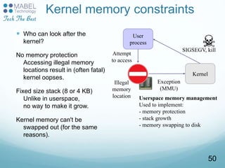 Kernel memory constraints
 Who can look after the
kernel?
No memory protection
Accessing illegal memory
locations result in (often fatal)
kernel oopses.
Fixed size stack (8 or 4 KB)
Unlike in userspace,
no way to make it grow.
Kernel memory can't be
swapped out (for the same
reasons).
User
process
Kernel
Illegal
memory
location
Attempt
to access
Exception
(MMU)
SIGSEGV, kill
Userspace memory management
Used to implement:
- memory protection
- stack growth
- memory swapping to disk
50
 