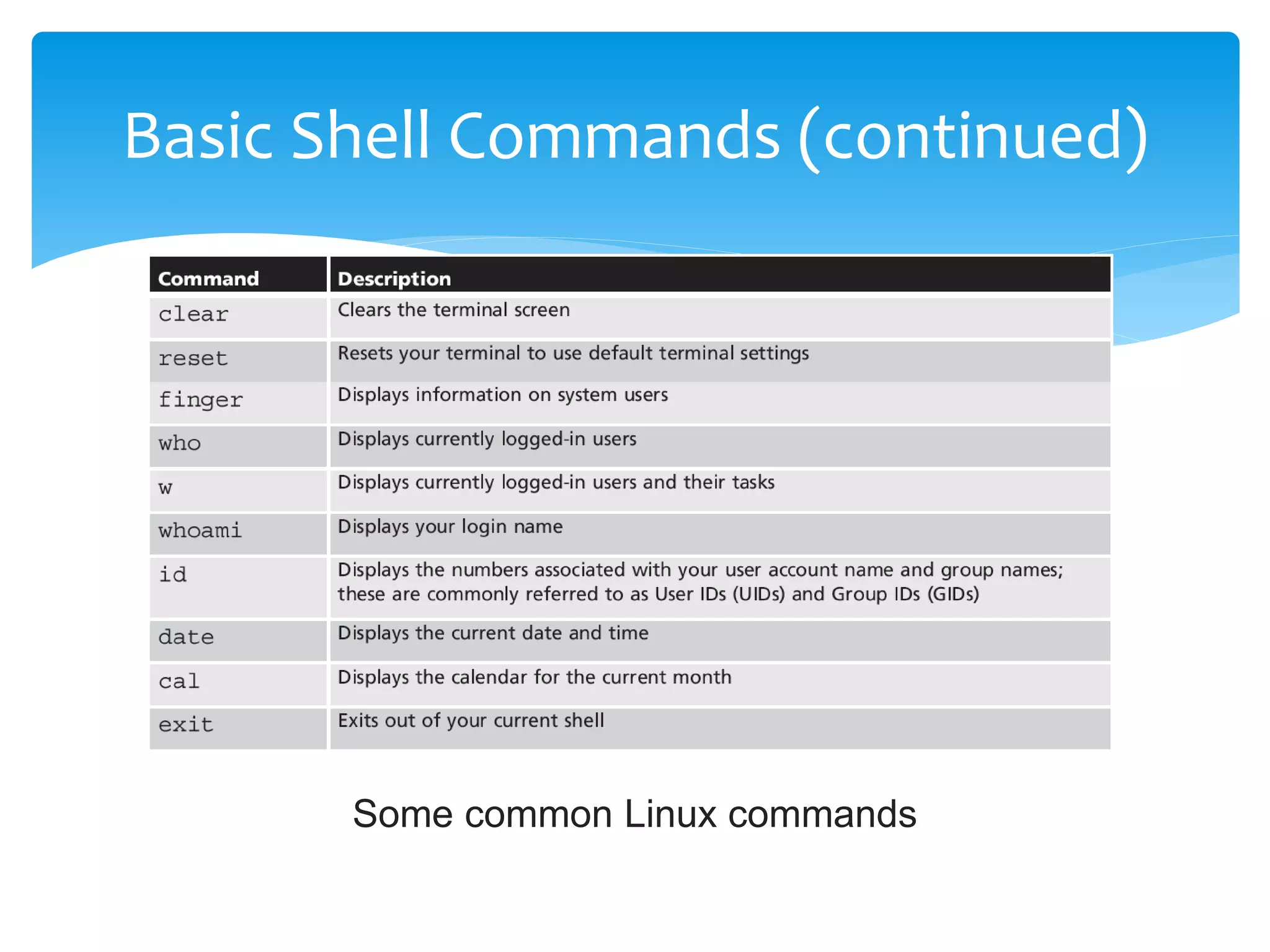 Basic Shell Commands (continued)
Some common Linux commands
 