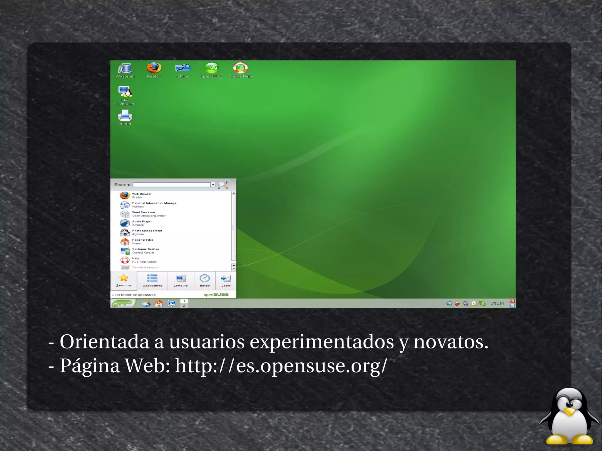 - Orientada a usuarios experimentados y novatos.
- Página Web: http://es.opensuse.org/
 