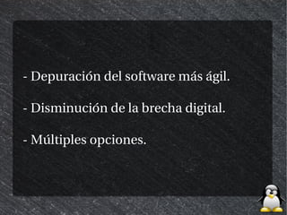 - Depuración del software más ágil.

- Disminución de la brecha digital.

- Múltiples opciones.
 