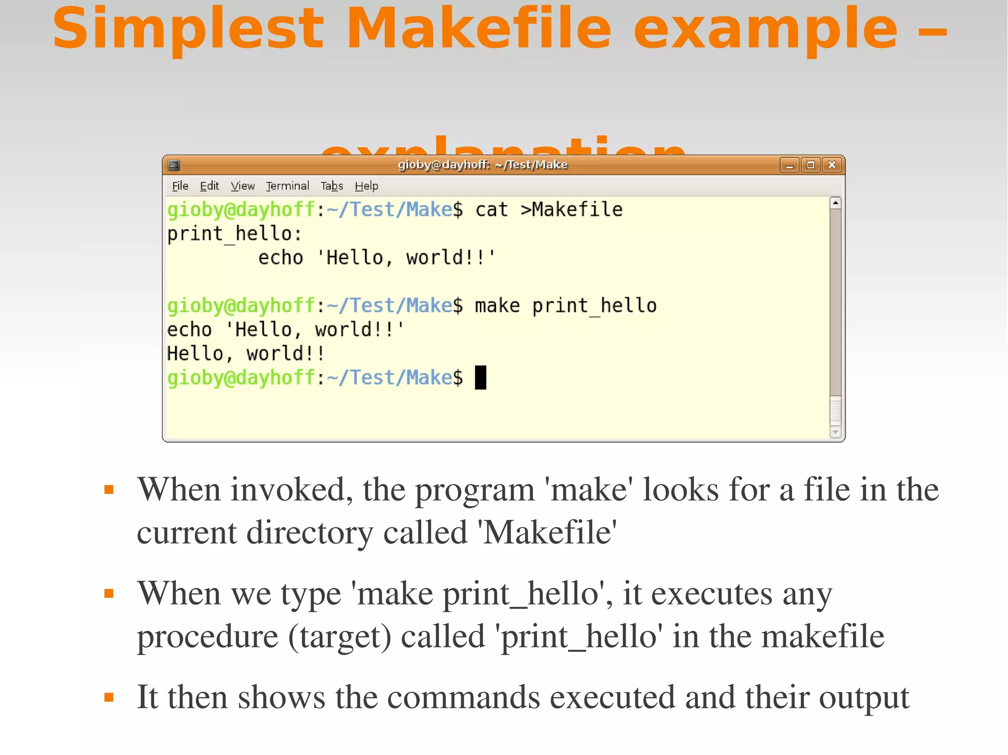 Simplest Makefile example – explanation  When invoked, the program 'make' looks for a file in the  current directory called 'Makefile'  When we type 'make print_hello', it executes any  procedure (target) called 'print_hello' in the makefile  It then shows the commands executed and their output 