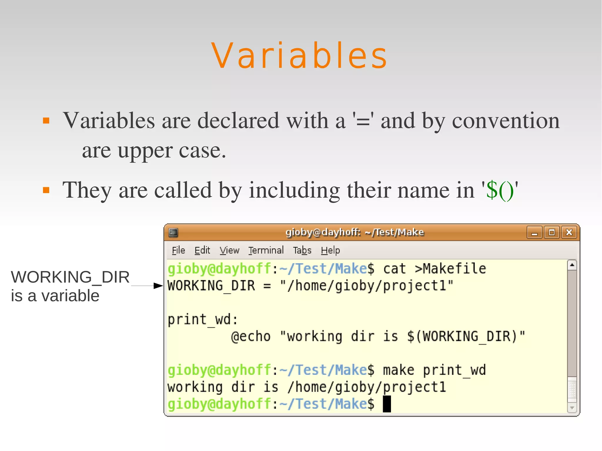 Variables
      Variables are declared with a '=' and by convention 
        are upper case.
      They are called by including their name in '$()'
         

WORKING_DIR
is a variable
 