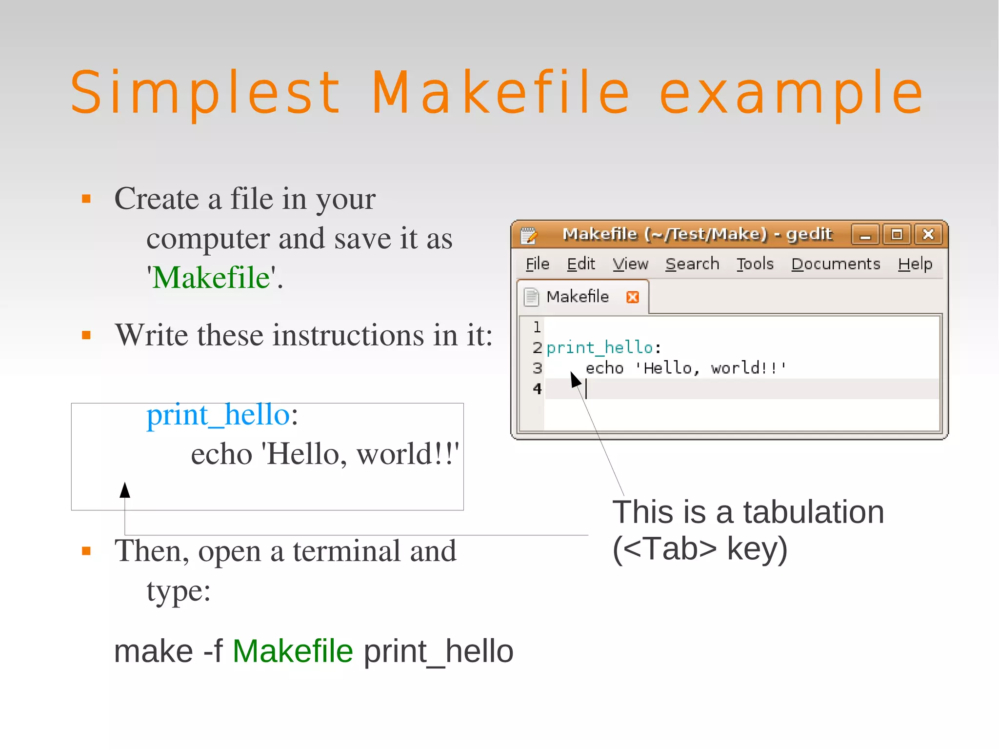 Simplest Makefile example
   Create a file in your 
      computer and save it as 
      'Makefile'.
   Write these instructions in it:

      print_hello:
          echo 'Hello, world!!'
                                      This is a tabulation
   Then, open a terminal and         (<Tab> key)
      type:
    make -f Makefile print_hello
 