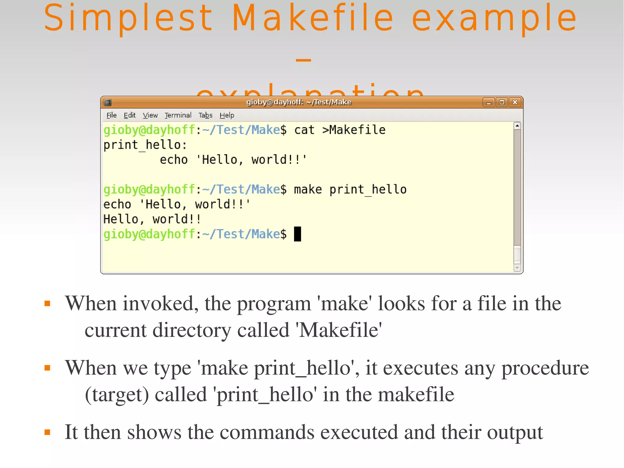 Simplest Makefile example
            –
       explanation




   When invoked, the program 'make' looks for a file in the 
     current directory called 'Makefile'
   When we type 'make print_hello', it executes any procedure 
     (target) called 'print_hello' in the makefile
   It then shows the commands executed and their output
 