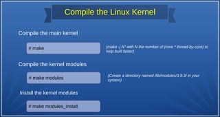 Compile the Linux Kernel
Compile the main kernel
# make
Compile the kernel modules
# make modules
Install the kernel modules
# make modules_install
(Create a directory named /lib/modules/3.9.3/ in your
system)
(make -j N” with N the number of (core * thread-by-core) to
help built faster)
 