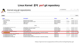 Linux Kernel 공식 perf git repository
https://git.kernel.org/pub/scm/linux/kernel/git/tip/tip.git
…
 