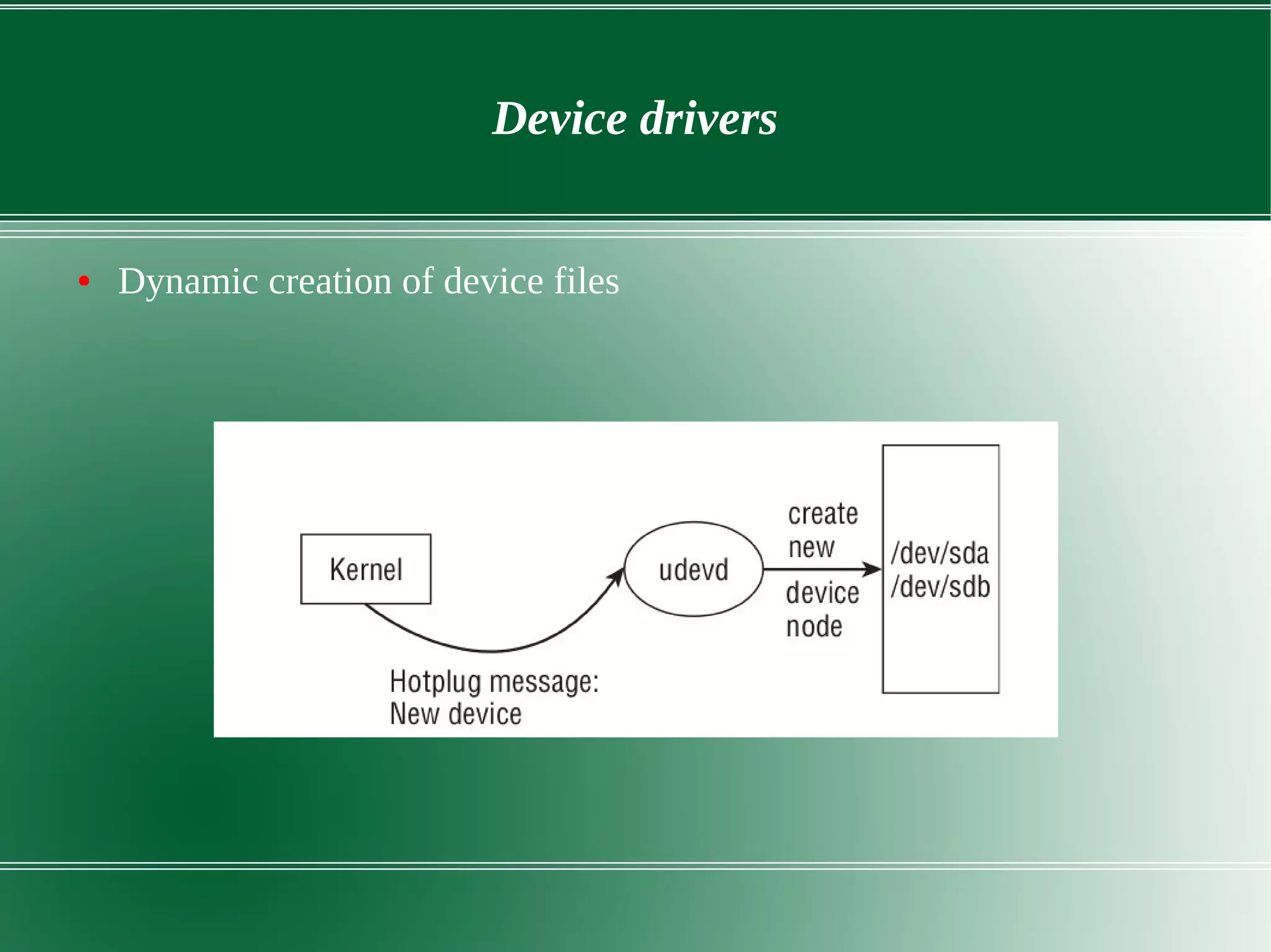Device drivers
● Dynamic creation of device files
 