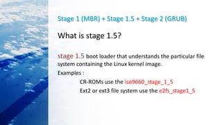 Stage 1 (MBR) + Stage 1.5 + Stage 2 (GRUB)
What is stage 1.5?
stage 1.5 boot loader that understands the particular file
system containing the Linux kernel image.
Examples :
CR-ROMs use the iso9660_stage_1_5
Ext2 or ext3 file system use the e2fs_stage1_5
 