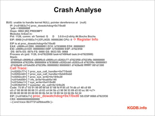 Crash Analyse
BUG: unable to handle kernel NULL pointer dereference at (null)
  IP: [<c01683c7>] proc_dowatchdog+0x7/0xd0
  *pde = 00000000
  Oops: 0002 [#2] PREEMPT
  Modules linked in:
  Pid: 1126, comm: sh Tainted: G    D 3.0.0-rc2-dirty #4 Bochs Bochs
  EIP: 0060:[<c01683c7>] EFLAGS: 00000286 CPU: 0 à Register Info
  EIP is at proc_dowatchdog+0x7/0xd0
  EAX: c069fcc4 EBX: 00000001 ECX: b7838000 EDX: 00000001
  ESI: c069fcc4 EDI: 00000004 EBP: b7838000 ESP: d7623f30
   DS: 007b ES: 007b FS: 0000 GS: 0033 SS: 0068
  Process sh (pid: 1126, ti=d7622000 task=d749f4a0 task.ti=d7622000)
  Stack:
   d749f4a0 c069f6c0 c069f6c0 c069fcc4 c0202c77 d7623f50 d7623f9c 00000000
   00000004 d7623f9c 00000004 b7838000 c0202cb0 c0202cc8 d7623f9c 00000001
   d7428e00 c01b4d50 d7623f9c 00000002 00000001 d7428e00 fffffff7 081d1300
  Call Trace:
   [<c0202c77>] ? proc_sys_call_handler+0x77/0xb0
   [<c0202cb0>] ? proc_sys_call_handler+0xb0/0xb0
   [<c0202cc8>] ? proc_sys_write+0x18/0x20
   [<c01b4d50>] ? vfs_write+0xa0/0x140
   [<c01b4ec1>] ? sys_write+0x41/0x80
   [<c0539d10>] ? sysenter_do_call+0x12/0x26
  Code: 75 0f c7 03 01 00 00 00 e8 57 69 fd ff 85 c0 74 db a1 48 c0 69
  c0 c7 00 00 00 00 00 31 c0 83 c4 04 5b c3 90 56 53 89 d3 83 ec 08 <c7>
  05 00 00 00 00 05 00 00 00 8b 54 24 18 89 54 24 04 8b 54 24
  EIP: [<c01683c7>] proc_dowatchdog+0x7/0xd0 SS:ESP 0068:d7623f30
  CR2: 0000000000000000
  ---[ end trace 8b37721a29dead5b ]--

                                                                             KGDB.info
 