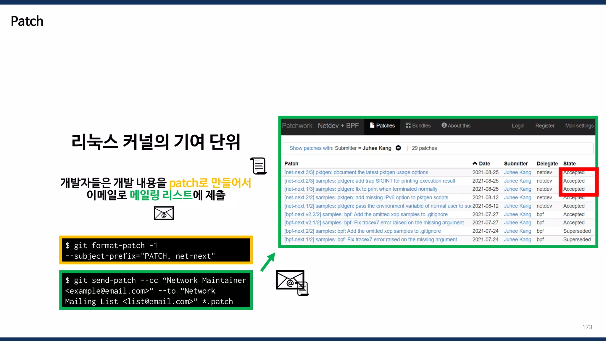 Patch
173
$ git format-patch -1
--subject-prefix="PATCH, net-next"
리눅스 커널의 기여 단위
개발자들은 개발 내용을 patch로 만들어서
이메일로 메일링 리스트에 제출
📧
📧
📜
$ git send-patch --cc “Network Maintainer
<example@email.com>“ --to “Network
Mailing List <list@email.com>” *.patch
📜
 