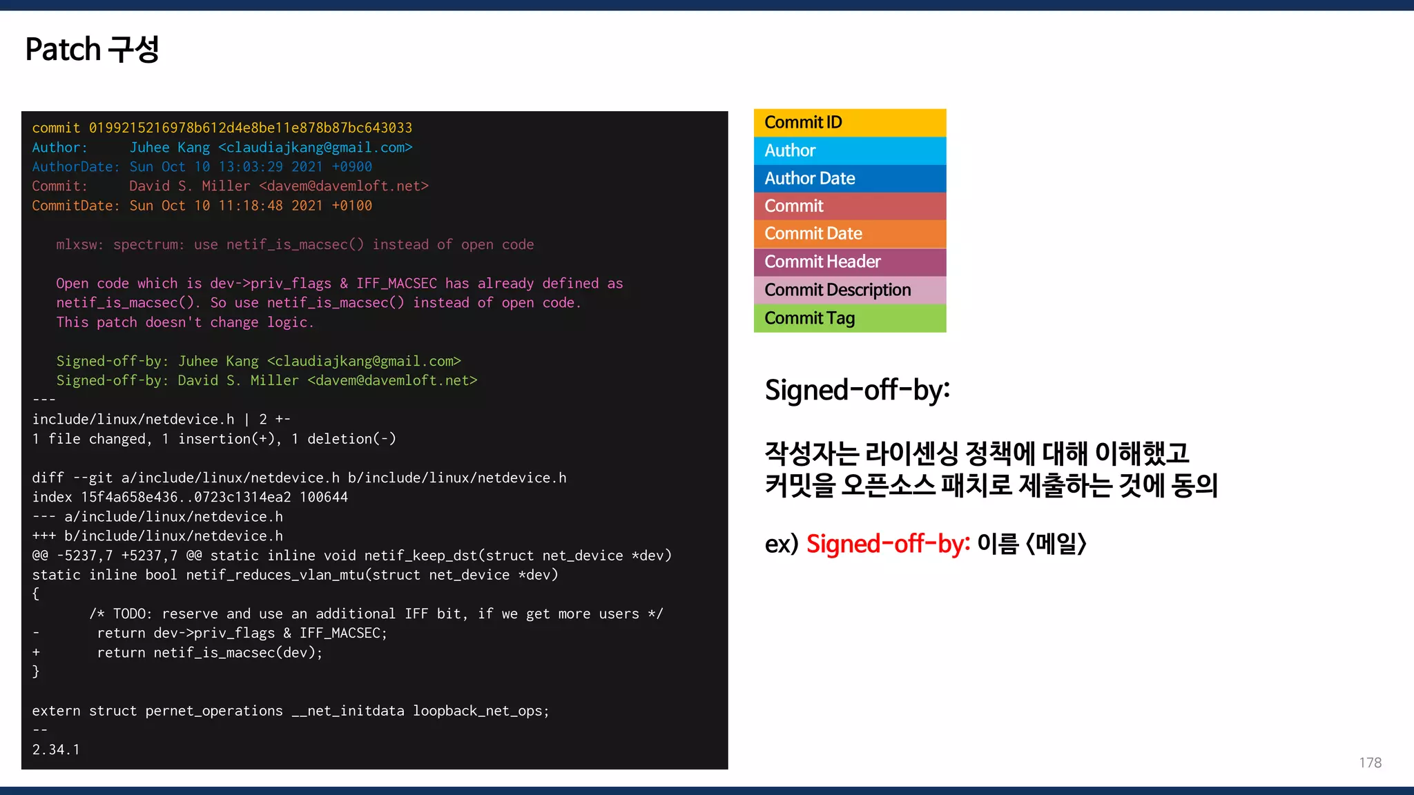 Patch 구성
commit 0199215216978b612d4e8be11e878b87bc643033
Author: Juhee Kang <claudiajkang@gmail.com>
AuthorDate: Sun Oct 10 13:03:29 2021 +0900
Commit: David S. Miller <davem@davemloft.net>
CommitDate: Sun Oct 10 11:18:48 2021 +0100
mlxsw: spectrum: use netif_is_macsec() instead of open code
Open code which is dev->priv_flags & IFF_MACSEC has already defined as
netif_is_macsec(). So use netif_is_macsec() instead of open code.
This patch doesn't change logic.
Signed-off-by: Juhee Kang <claudiajkang@gmail.com>
Signed-off-by: David S. Miller <davem@davemloft.net>
---
include/linux/netdevice.h | 2 +-
1 file changed, 1 insertion(+), 1 deletion(-)
diff --git a/include/linux/netdevice.h b/include/linux/netdevice.h
index 15f4a658e436..0723c1314ea2 100644
--- a/include/linux/netdevice.h
+++ b/include/linux/netdevice.h
@@ -5237,7 +5237,7 @@ static inline void netif_keep_dst(struct net_device *dev)
static inline bool netif_reduces_vlan_mtu(struct net_device *dev)
{
/* TODO: reserve and use an additional IFF bit, if we get more users */
- return dev->priv_flags & IFF_MACSEC;
+ return netif_is_macsec(dev);
}
extern struct pernet_operations __net_initdata loopback_net_ops;
--
2.34.1
Commit ID
178
Author
Author Date
Commit
Commit Date
Commit Header
Commit Description
Commit Tag
Signed-off-by:
작성자는 라이센싱 정책에 대해 이해했고
커밋을 오픈소스 패치로 제출하는 것에 동의
ex) Signed-off-by: 이름 <메일>
 