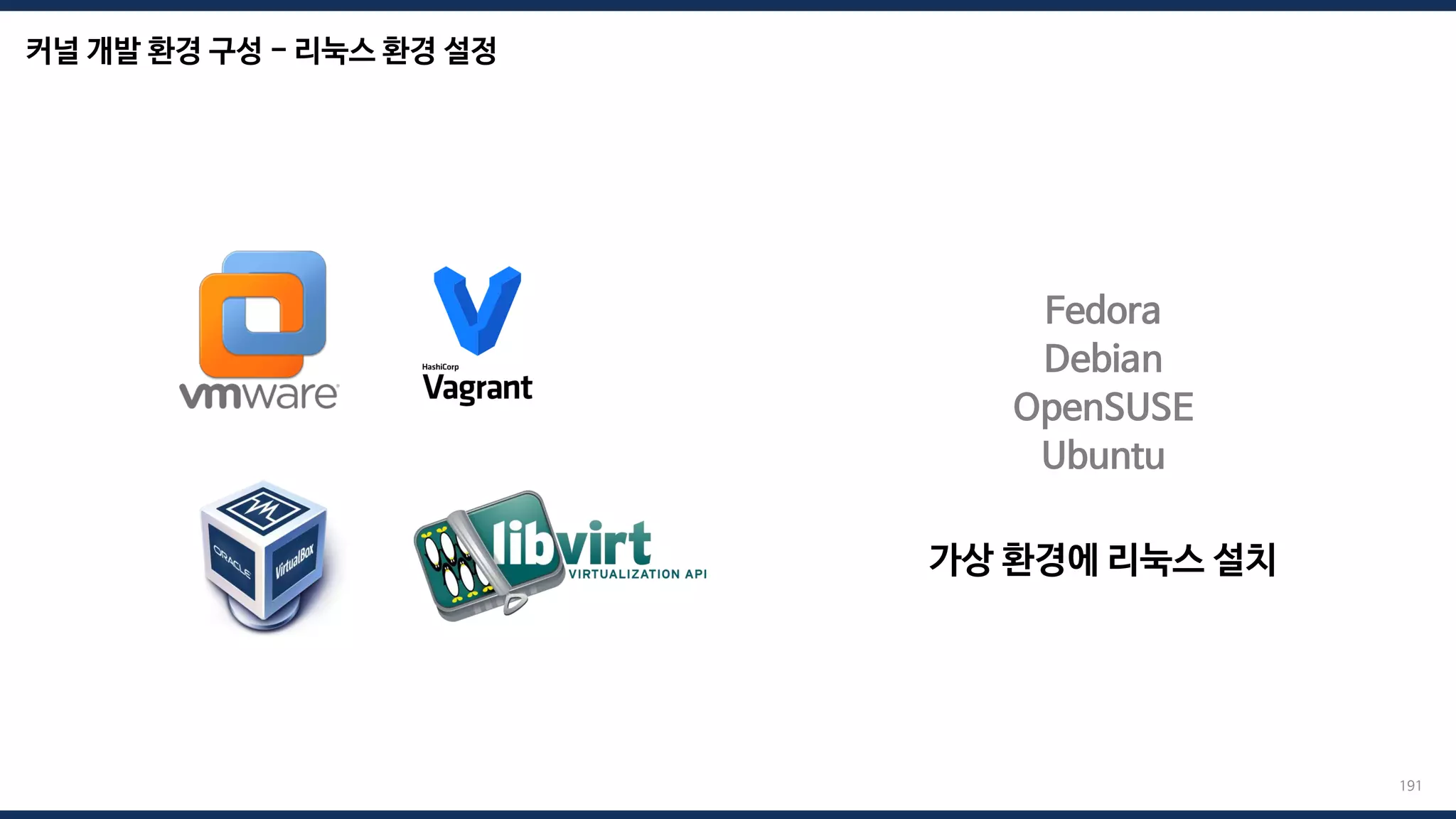 커널 개발 환경 구성 - 리눅스 환경 설정
191
Fedora
Debian
OpenSUSE
Ubuntu
가상 환경에 리눅스 설치
 