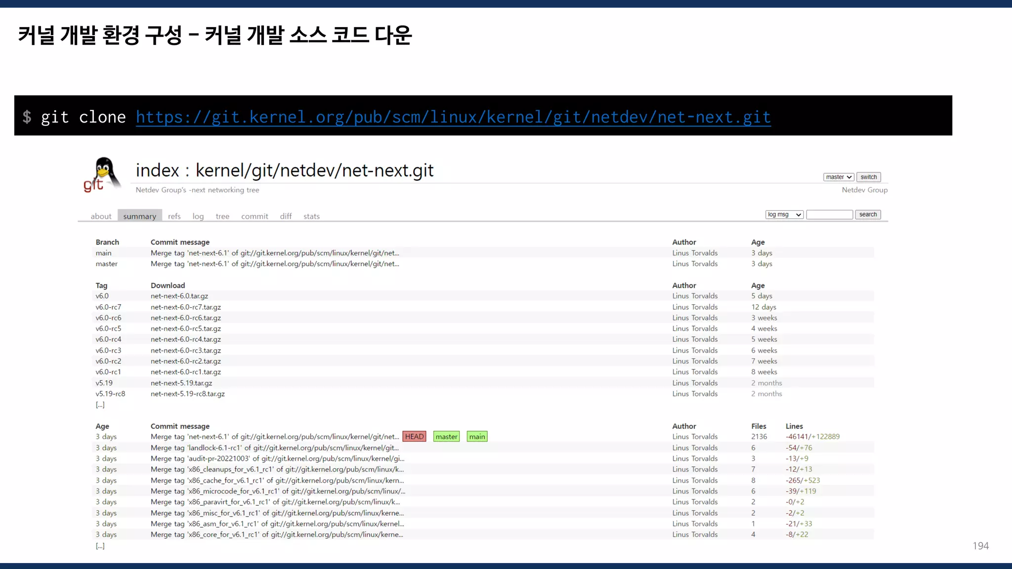 커널 개발 환경 구성 - 커널 개발 소스 코드 다운
194
$ git clone https://git.kernel.org/pub/scm/linux/kernel/git/netdev/net-next.git
 