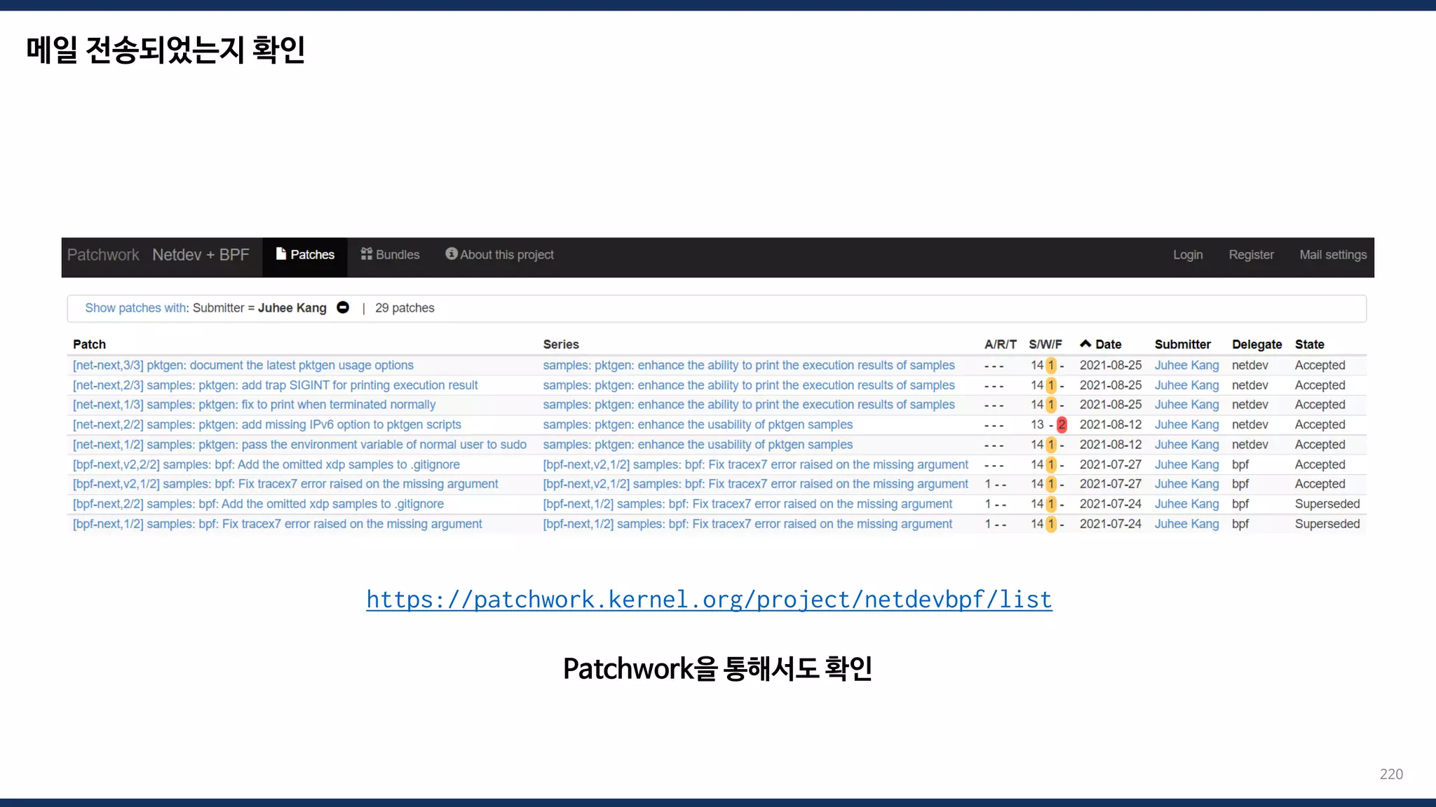 메일 전송되었는지 확인
220
https://patchwork.kernel.org/project/netdevbpf/list
Patchwork을 통해서도 확인
 