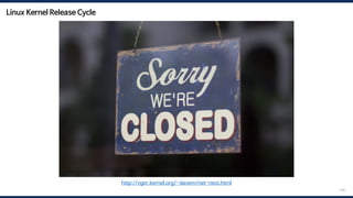 Linux Kernel Release Cycle
140
v5.15 v5.16
v5.16-rc1 v5.16-rc2 …
Stable
(v5.15)
v5.16-rc6 v5.16-rc7
Merge window
http://vger.kernel.org/~davem/net-next.html
 