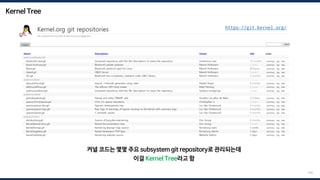 Kernel Tree
150
https://git.kernel.org/
커널 코드는 몇몇 주요 subsystem git repository로 관리되는데
이걸 Kernel Tree라고 함
 