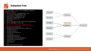UbuCon Asia 2022 | Breaking Down the Entry Barriers on Linux Kernel Networking Stack 104
Subsystem Tree
$ cat MAINTAINERS | grep -A 30 'NETWORKING [GENERAL]'
NETWORKING [GENERAL]
M: "David S. Miller" <davem@davemloft.net>
M: Eric Dumazet <edumazet@google.com>
M: Jakub Kicinski <kuba@kernel.org>
M: Paolo Abeni <pabeni@redhat.com>
L: netdev@vger.kernel.org
S: Maintained
Q: https://patchwork.kernel.org/project/netdevbpf/list/
B: mailto:netdev@vger.kernel.org
T: git git://git.kernel.org/.../netdev/net.git
T: git git://git.kernel.org/.../netdev/net-next.git
F: Documentation/networking/
F: Documentation/process/maintainer-netdev.rst
F: include/linux/in.h
F: include/linux/net.h
F: include/linux/netdevice.h
F: include/net/
F: include/uapi/linux/in.h
F: include/uapi/linux/net.h
F: include/uapi/linux/net_namespace.h
F: include/uapi/linux/netdevice.h
F: lib/net_utils.c
F: lib/random32.c
F: net/
F: tools/testing/selftests/net/
Developer
Developer
Maintainer
Developer
Developer
Maintainer
Developer
Developer
Maintainer
Torvalds
netdev/net.git
 
