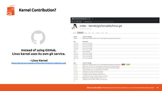 UbuCon Asia 2022 | Breaking Down the Entry Barriers on Linux Kernel Networking Stack 14
Kernel Contribution?
- Linux Kernel
(https://git.kernel.org/pub/scm/linux/kernel/git/torvalds/linux.git)
Instead of using GitHub,
Linux kernel uses its own git service.
 