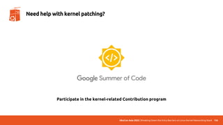 UbuCon Asia 2022 | Breaking Down the Entry Barriers on Linux Kernel Networking Stack 156
Need help with kernel patching?
Participate in the kernel-related Contribution program
 