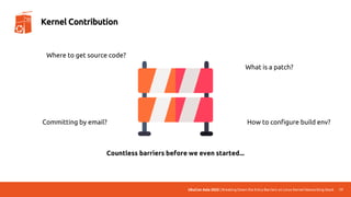 UbuCon Asia 2022 | Breaking Down the Entry Barriers on Linux Kernel Networking Stack 17
Kernel Contribution
Where to get source code?
How to configure build env?
What is a patch?
Committing by email?
Countless barriers before we even started...
 