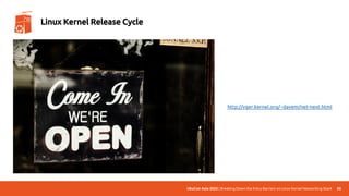 UbuCon Asia 2022 | Breaking Down the Entry Barriers on Linux Kernel Networking Stack 88
Linux Kernel Release Cycle
http://vger.kernel.org/~davem/net-next.html
 