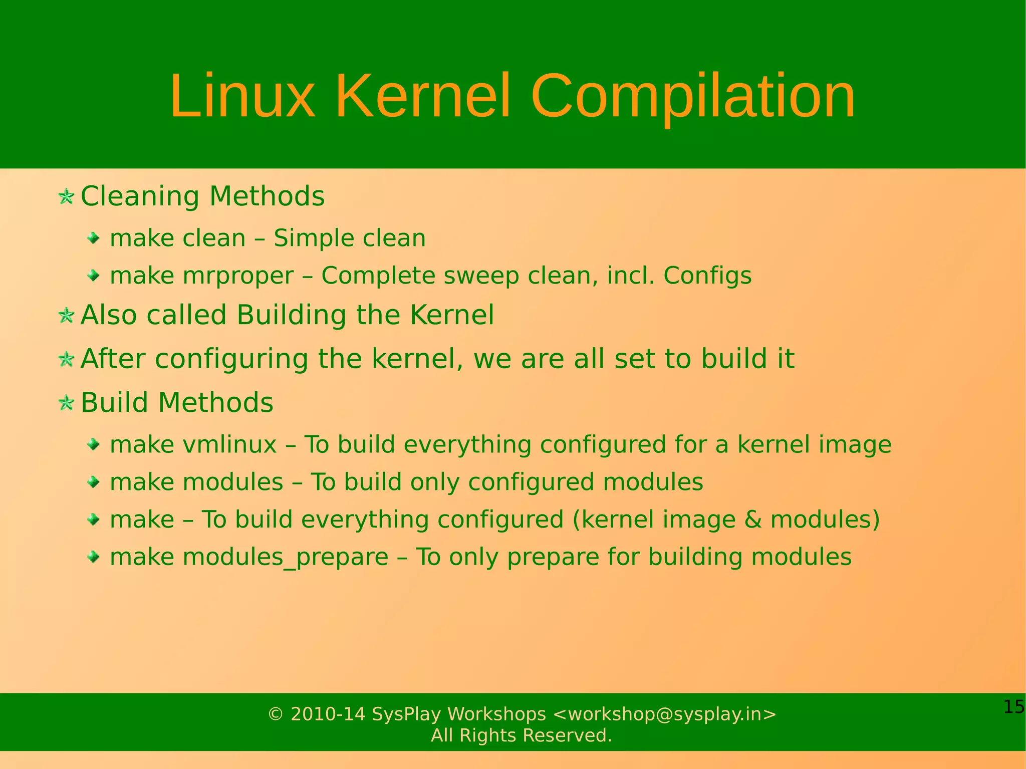 15© 2010-17 SysPlay Workshops <workshop@sysplay.in>
All Rights Reserved.
Linux Kernel Configuration
Code Maturity level Options
General Setup
Loadable Module Support
Block Layer
Networking
Device Drivers
File Systems
Kernel Hacking
Security Options
Cryptographic Options
Library Routines
 
