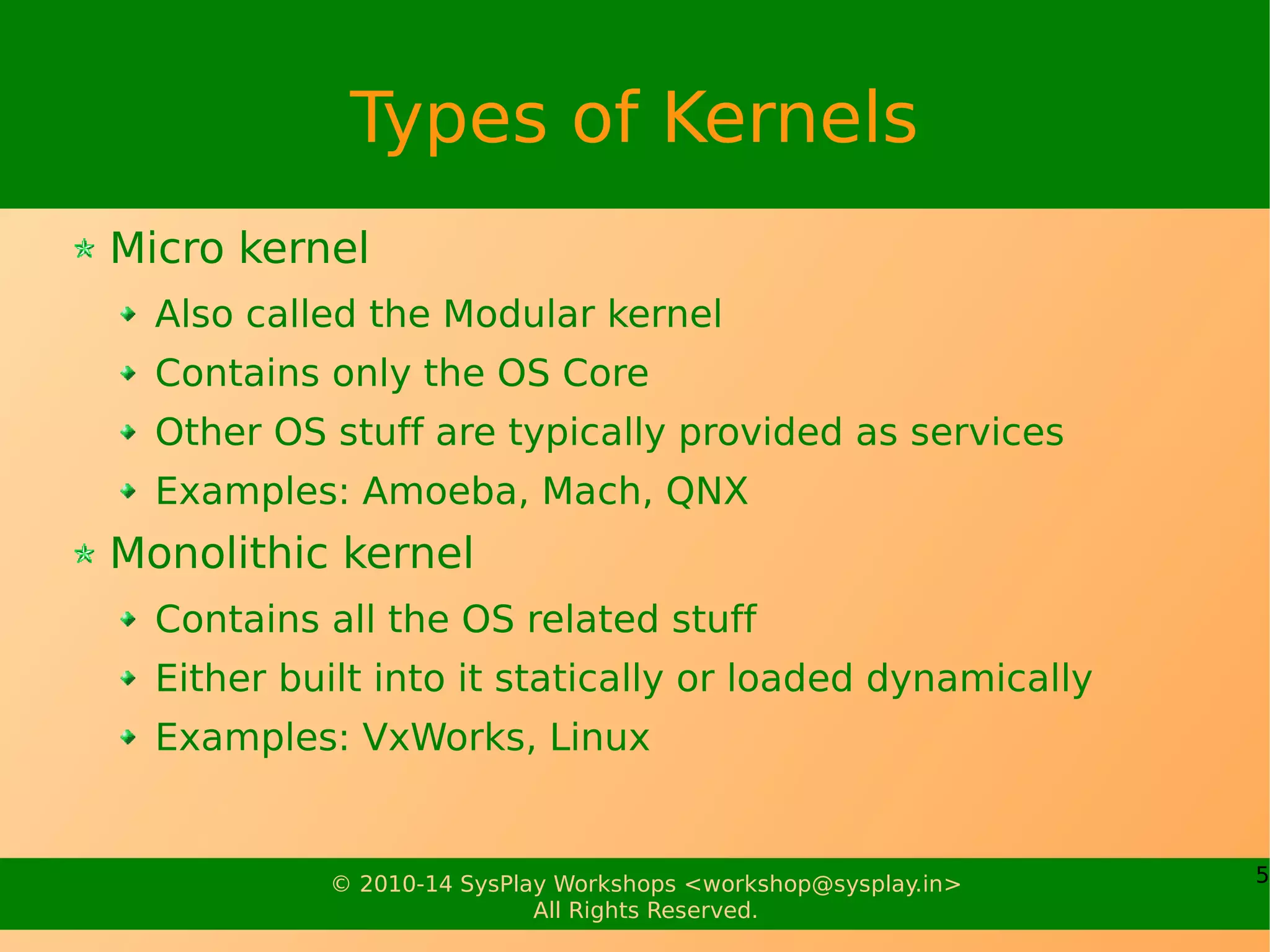5© 2010-17 SysPlay Workshops <workshop@sysplay.in>
All Rights Reserved.
Types of Kernels
Micro kernel
Also called the Modular kernel
Contains only the OS Core
Other OS stuff are typically provided as services
Examples: Amoeba, Mach, QNX
Monolithic kernel
Contains all the OS related stuff
Either built into it statically or loaded dynamically
Examples: VxWorks, Linux
 