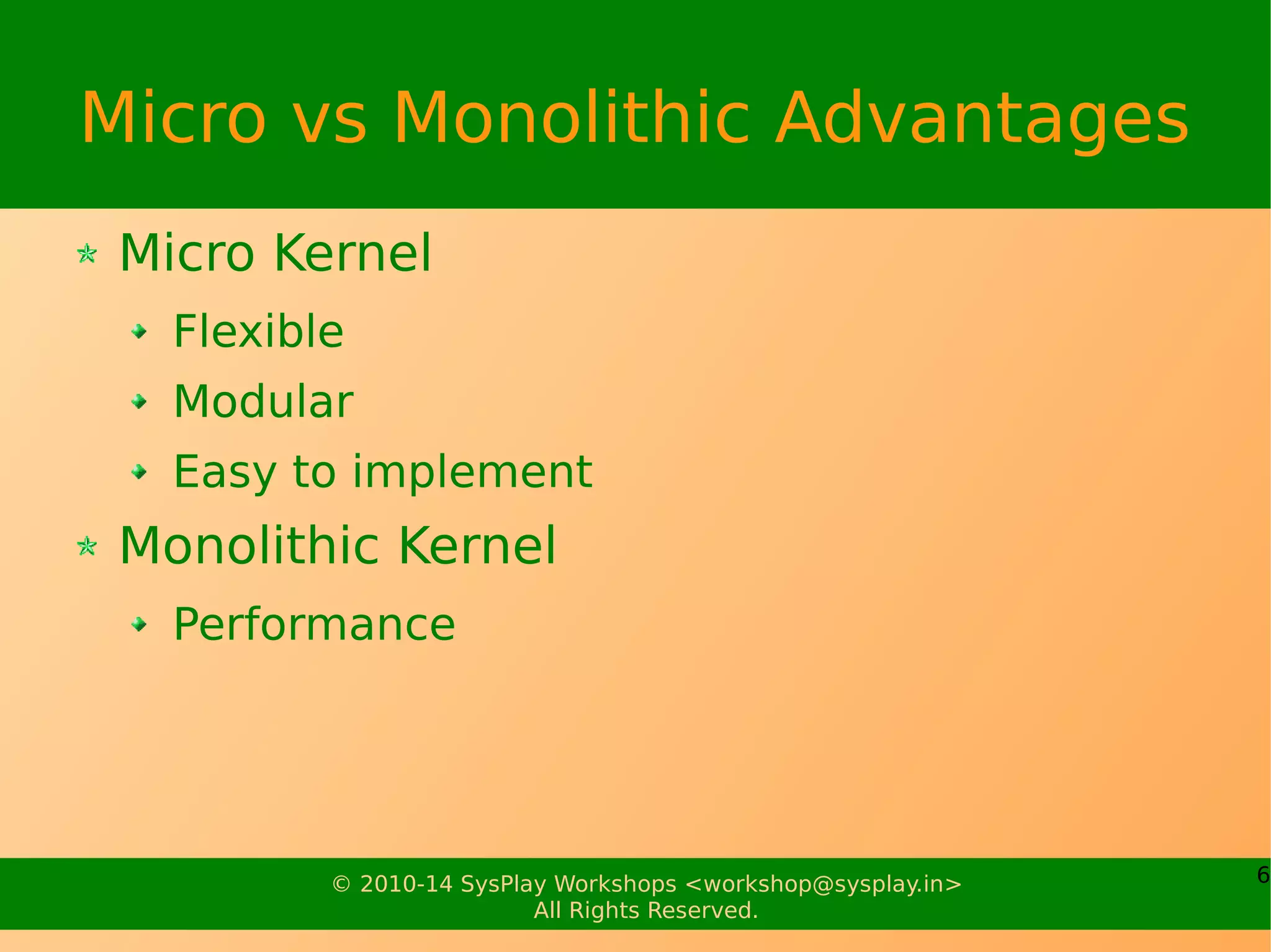 6© 2010-17 SysPlay Workshops <workshop@sysplay.in>
All Rights Reserved.
Micro vs Monolithic Advantages
Micro Kernel
Flexible
Modular
Easy to implement
Monolithic Kernel
Performance
 
