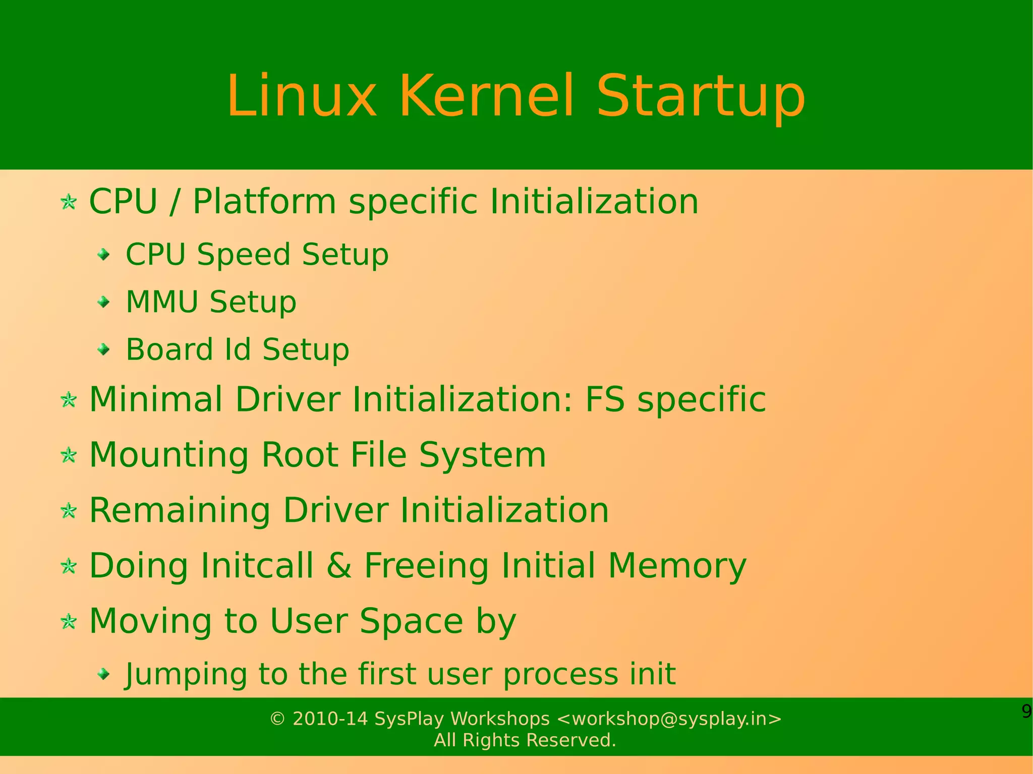 9© 2010-17 SysPlay Workshops <workshop@sysplay.in>
All Rights Reserved.
Process vs Thread
Single Process Single Threaded
Single Process Multi-Threaded
Multi-Process Single Threaded
Multi-Process Multi-Threaded
What is Linux User Space?
What about the Kernel Space?
Need for Single vs Multi
 