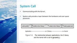 System Call
• Communicating with the Kernel .
• System calls provide a layer between the hardware and user-space
processes
 