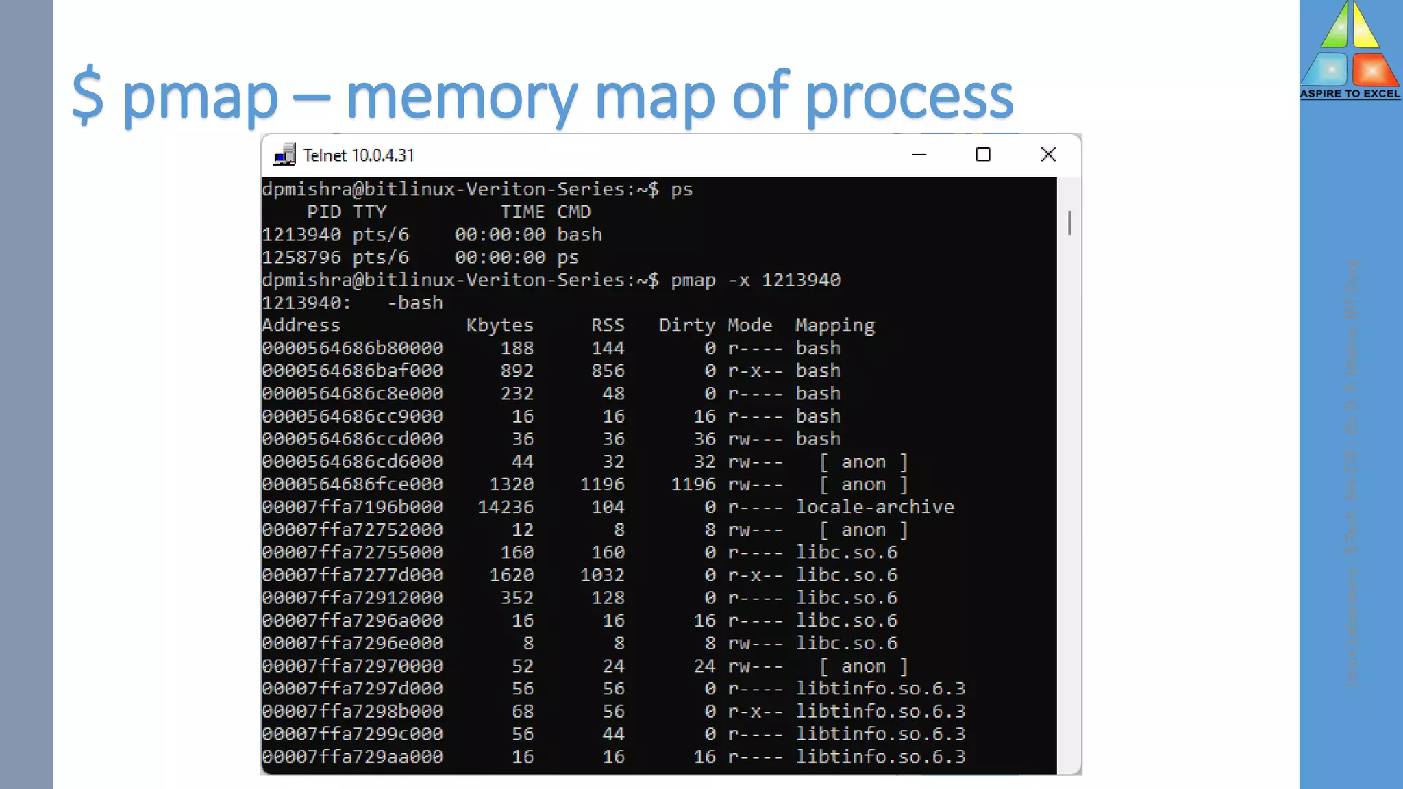 $ pmap – memory map of process
Linux
Laboratory
-
B.Tech.
6th
CSE
-
Dr.
D.
P.
Mishra,
BIT
Durg
 