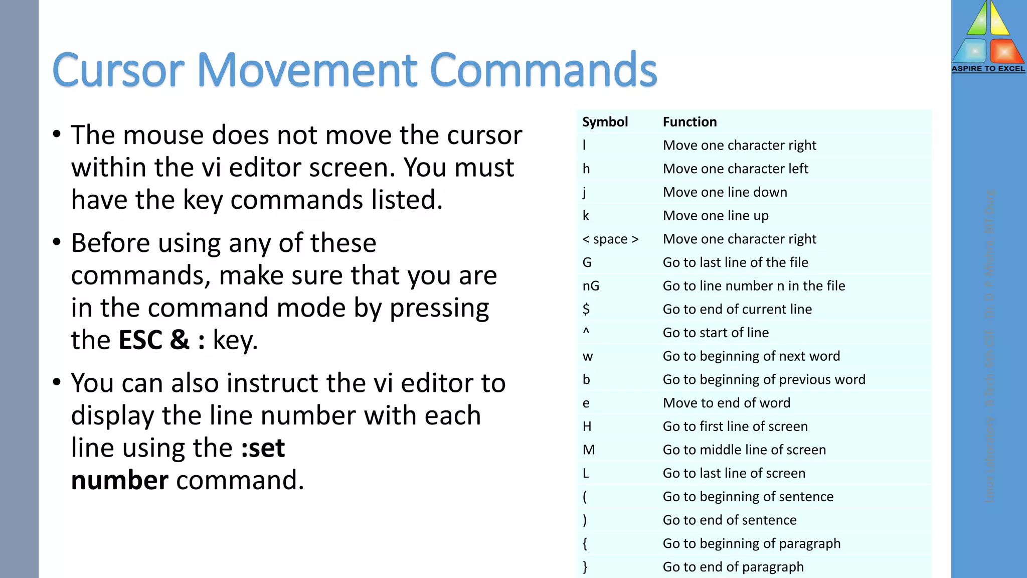 Cursor Movement Commands
• The mouse does not move the cursor
within the vi editor screen. You must
have the key commands listed.
• Before using any of these
commands, make sure that you are
in the command mode by pressing
the ESC & : key.
• You can also instruct the vi editor to
display the line number with each
line using the :set
number command.
Linux
Laboratory
-
B.Tech.
6th
CSE
-
Dr.
D.
P.
Mishra,
BIT
Durg
Symbol Function
l Move one character right
h Move one character left
j Move one line down
k Move one line up
< space > Move one character right
G Go to last line of the file
nG Go to line number n in the file
$ Go to end of current line
^ Go to start of line
w Go to beginning of next word
b Go to beginning of previous word
e Move to end of word
H Go to first line of screen
M Go to middle line of screen
L Go to last line of screen
( Go to beginning of sentence
) Go to end of sentence
{ Go to beginning of paragraph
} Go to end of paragraph
 