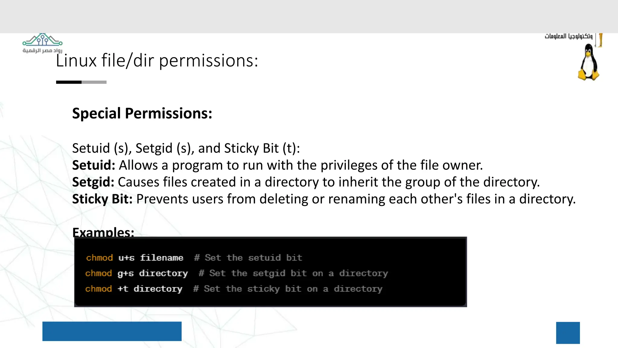 Linux file/dir permissions:
Special Permissions:
Setuid (s), Setgid (s), and Sticky Bit (t):
Setuid: Allows a program to run with the privileges of the file owner.
Setgid: Causes files created in a directory to inherit the group of the directory.
Sticky Bit: Prevents users from deleting or renaming each other's files in a directory.
Examples:
 