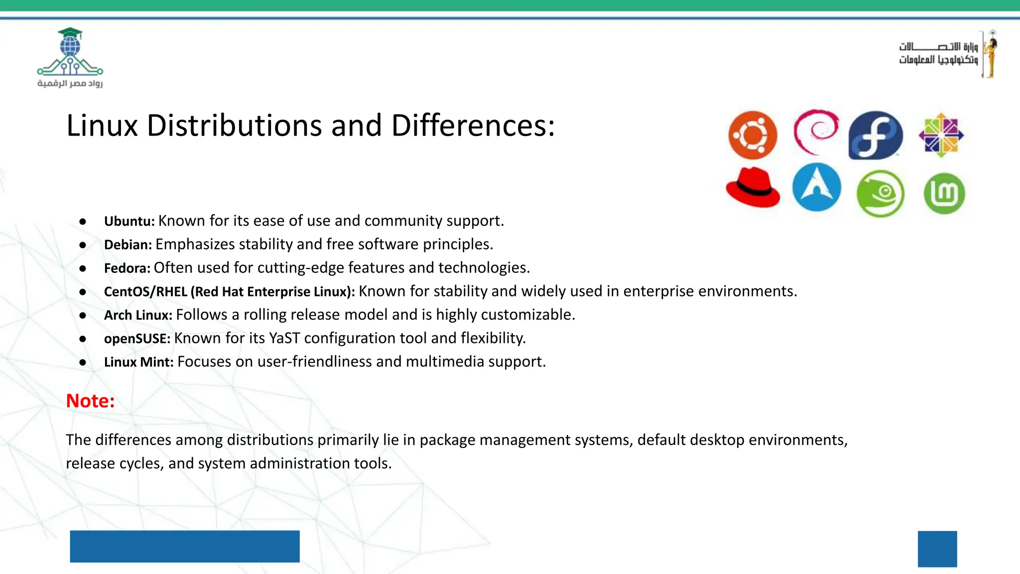 Linux Distributions and Differences:
● Ubuntu: Known for its ease of use and community support.
● Debian: Emphasizes stability and free software principles.
● Fedora: Often used for cutting-edge features and technologies.
● CentOS/RHEL (Red Hat Enterprise Linux): Known for stability and widely used in enterprise environments.
● Arch Linux: Follows a rolling release model and is highly customizable.
● openSUSE: Known for its YaST configuration tool and flexibility.
● Linux Mint: Focuses on user-friendliness and multimedia support.
Note:
The differences among distributions primarily lie in package management systems, default desktop environments,
release cycles, and system administration tools.
 