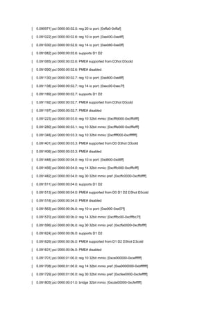 [ 0.090971] pci 0000:00:02.5: reg 20 io port: [0xffa0-0xffaf] 
[ 0.091022] pci 0000:00:02.6: reg 10 io port: [0xe400-0xe4ff] 
[ 0.091030] pci 0000:00:02.6: reg 14 io port: [0xe080-0xe0ff] 
[ 0.091082] pci 0000:00:02.6: supports D1 D2 
[ 0.091085] pci 0000:00:02.6: PME# supported from D3hot D3cold 
[ 0.091090] pci 0000:00:02.6: PME# disabled 
[ 0.091130] pci 0000:00:02.7: reg 10 io port: [0xe800-0xe8ff] 
[ 0.091138] pci 0000:00:02.7: reg 14 io port: [0xec00-0xec7f] 
[ 0.091189] pci 0000:00:02.7: supports D1 D2 
[ 0.091192] pci 0000:00:02.7: PME# supported from D3hot D3cold 
[ 0.091197] pci 0000:00:02.7: PME# disabled 
[ 0.091223] pci 0000:00:03.0: reg 10 32bit mmio: [0xcfffd000-0xcfffdfff] 
[ 0.091280] pci 0000:00:03.1: reg 10 32bit mmio: [0xcfffe000-0xcfffefff] 
[ 0.091348] pci 0000:00:03.3: reg 10 32bit mmio: [0xcffff000-0xcfffffff] 
[ 0.091401] pci 0000:00:03.3: PME# supported from D0 D3hot D3cold 
[ 0.091406] pci 0000:00:03.3: PME# disabled 
[ 0.091448] pci 0000:00:04.0: reg 10 io port: [0xd800-0xd8ff] 
[ 0.091456] pci 0000:00:04.0: reg 14 32bit mmio: [0xcfffc000-0xcfffcfff] 
[ 0.091482] pci 0000:00:04.0: reg 30 32bit mmio pref: [0xcffc0000-0xcffdffff] 
[ 0.091511] pci 0000:00:04.0: supports D1 D2 
[ 0.091513] pci 0000:00:04.0: PME# supported from D0 D1 D2 D3hot D3cold 
[ 0.091518] pci 0000:00:04.0: PME# disabled 
[ 0.091563] pci 0000:00:0b.0: reg 10 io port: [0xe000-0xe07f] 
[ 0.091570] pci 0000:00:0b.0: reg 14 32bit mmio: [0xcfffbc00-0xcfffbc7f] 
[ 0.091596] pci 0000:00:0b.0: reg 30 32bit mmio pref: [0xcffa0000-0xcffbffff] 
[ 0.091624] pci 0000:00:0b.0: supports D1 D2 
[ 0.091626] pci 0000:00:0b.0: PME# supported from D1 D2 D3hot D3cold 
[ 0.091631] pci 0000:00:0b.0: PME# disabled 
[ 0.091701] pci 0000:01:00.0: reg 10 32bit mmio: [0xce000000-0xceffffff] 
[ 0.091708] pci 0000:01:00.0: reg 14 32bit mmio pref: [0xa0000000-0xbfffffff] 
[ 0.091729] pci 0000:01:00.0: reg 30 32bit mmio pref: [0xcfee0000-0xcfefffff] 
[ 0.091805] pci 0000:00:01.0: bridge 32bit mmio: [0xcde00000-0xcfefffff] 
 