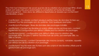 Pour finir il est interressant de savoir que lors de la création d'un package RPM, divers          15
scripts sont exécutés pour automatiser la compilation et toutes les étapes qui
l'accompagnent . Voici donc les différents répertoires et dossiers qui contiennent
ces librairies, scripts :


   /var/lib/rpm : Ce dossier contient plusieurs petites base de données fichiers qui
    indexent tout les packages rpm du système. Voici quelques exemples :
   /var/lib/rpm/Packages : Base de données des packages installés
   /usr/lib/rpm : Contient les librairies et scripts utilisés par les archives rpm, contient
    également la configuration par défaut utilisée pour la création de packages.
   /usr/lib/rpm/rpmrc : configuration par défaut utilisé pour la création des
    packages RPM. On peut y définir l'architecture de sortie, par exemple i386, ou
    i586 ou 64 bits, ...
   /usr/lib/rpm/macros : contient l'ensemble des macros (scripts), variables, appelés
    par défaut lors de la création d'un package.
   /usr/lib/rpm/* tout le reste des fichiers sont des scripts et des librairies utilisés par le
    gestionnaire de package rpm.
 