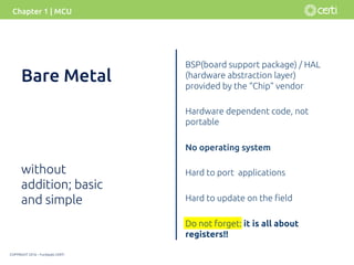 COPYRIGHT 2016 – Fundação CERTI
BSP(board support package) / HAL
(hardware abstraction layer)
provided by the “Chip” vendor
Hardware dependent code, not
portable
No operating system
Hard to port applications
Hard to update on the ﬁeld
Do not forget: it is all about
registers!!
without
addition; basic
and simple
Chapter 1 | MCU
Bare Metal
 