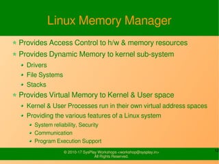 12© 2010-17 SysPlay Workshops <workshop@sysplay.in>
All Rights Reserved.
Linux Memory Manager
Provides Access Control to h/w & memory resources
Provides Dynamic Memory to kernel sub-system
Drivers
File Systems
Stacks
Provides Virtual Memory to Kernel & User space
Kernel & User Processes run in their own virtual address spaces
Providing the various features of a Linux system
System reliability, Security
Communication
Program Execution Support
 