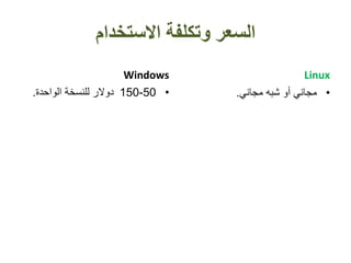 ‫االستخدام‬ ‫وتكلفة‬ ‫السعر‬
Windows
•50-150‫الواحدة‬ ‫للنسخة‬ ‫دوالر‬.
Linux
•‫مجاني‬ ‫شبه‬ ‫أو‬ ‫مجاني‬.
 