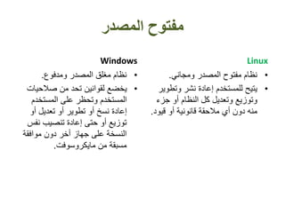 ‫المصدر‬ ‫مفتوح‬
Windows
•‫ومدفوع‬ ‫المصدر‬ ‫مغلق‬ ‫نظام‬.
•‫صالحيات‬ ‫من‬ ‫تحد‬ ‫لقوانين‬ ‫يخضع‬
‫المستخدم‬ ‫على‬ ‫وتحظر‬ ‫المستخدم‬
‫أو‬ ‫تعديل‬ ‫أو‬ ‫تطوير‬ ‫أو‬ ‫نسخ‬ ‫إعادة‬
‫نف‬ ‫تنصيب‬ ‫إعادة‬ ‫حتى‬ ‫أو‬ ‫توزيع‬‫س‬
‫موافقة‬ ‫دون‬ ‫أخر‬ ‫جهاز‬ ‫على‬ ‫النسخة‬
‫مايكروسوفت‬ ‫من‬ ‫مسبقة‬.
Linux
•‫ومجاني‬ ‫المصدر‬ ‫مفتوح‬ ‫نظام‬.
•‫وتطو‬ ‫نشر‬ ‫إعادة‬ ‫للمستخدم‬ ‫يتيح‬‫ير‬
‫جزء‬ ‫أو‬ ‫النظام‬ ‫كل‬ ‫وتعديل‬ ‫وتوزيع‬
‫قيود‬ ‫أو‬ ‫قانونية‬ ‫مالحقة‬ ‫أي‬ ‫دون‬ ‫منه‬.
 