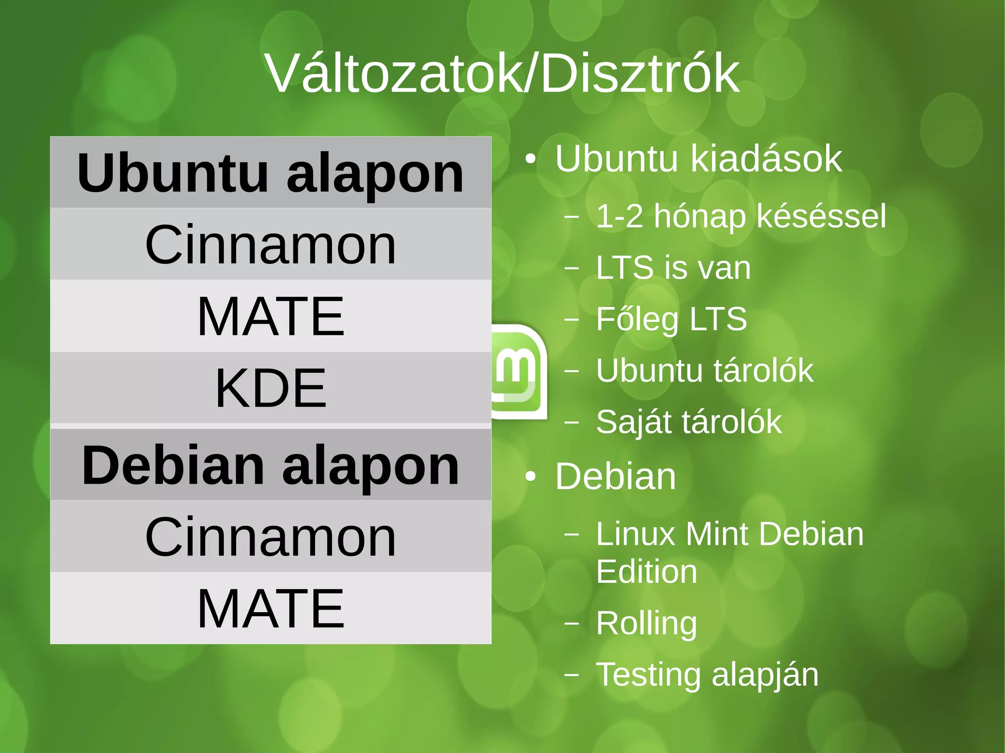 Változatok/Disztrók 
Ubuntu alapon 
Cinnamon 
MATE 
KDE 
DebiaXnf caelapon 
Cinnamon 
MATE 
● Ubuntu kiadások 
– 1-2 hónap késéssel 
– LTS is van 
– Főleg LTS 
– Ubuntu tárolók 
– Saját tárolók 
● Debian 
– Linux Mint Debian 
Edition 
– Rolling 
– Testing alapján 
 