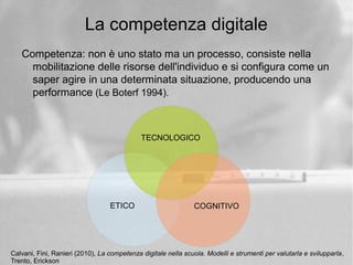 La competenza digitale
Competenza: non è uno stato ma un processo, consiste nella
mobilitazione delle risorse dell'individuo e si configura come un
saper agire in una determinata situazione, producendo una
performance (Le Boterf 1994).
TECNOLOGICO
ETICO COGNITIVO
Calvani, Fini, Ranieri (2010), La competenza digitale nella scuola. Modelli e strumenti per valutarla e svilupparla,
Trento, Erickson
 