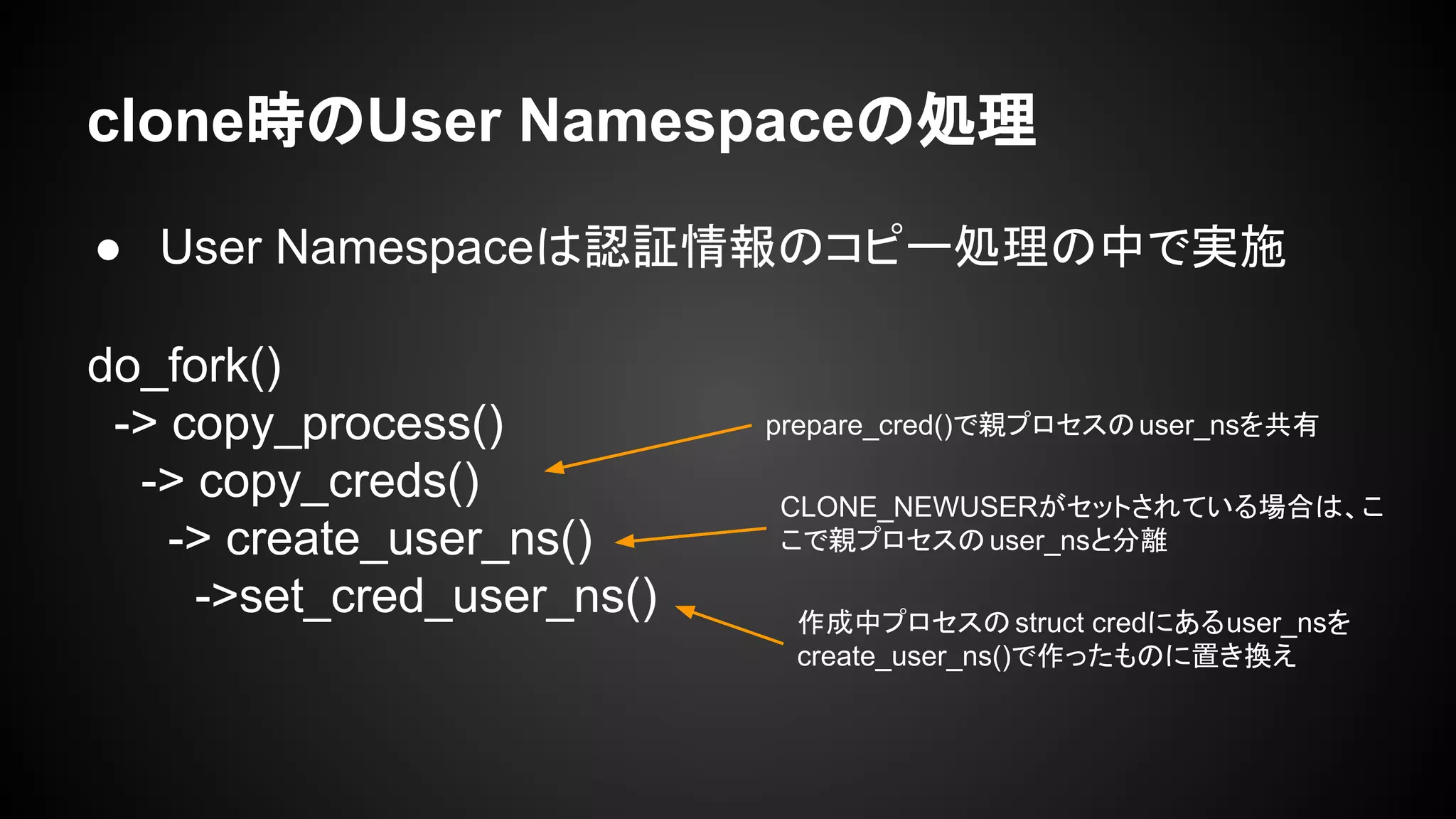 clone時のUser Namespaceの処理
● User Namespaceは認証情報のコピー処理の中で実施
do_fork()
-> copy_process()
-> copy_creds()
-> create_user_ns()
->set_cred_user_ns()
prepare_cred()で親プロセスのuser_nsを共有
CLONE_NEWUSERがセットされている場合は、こ
こで親プロセスのuser_nsと分離
作成中プロセスのstruct credにあるuser_nsを
create_user_ns()で作ったものに置き換え
 
